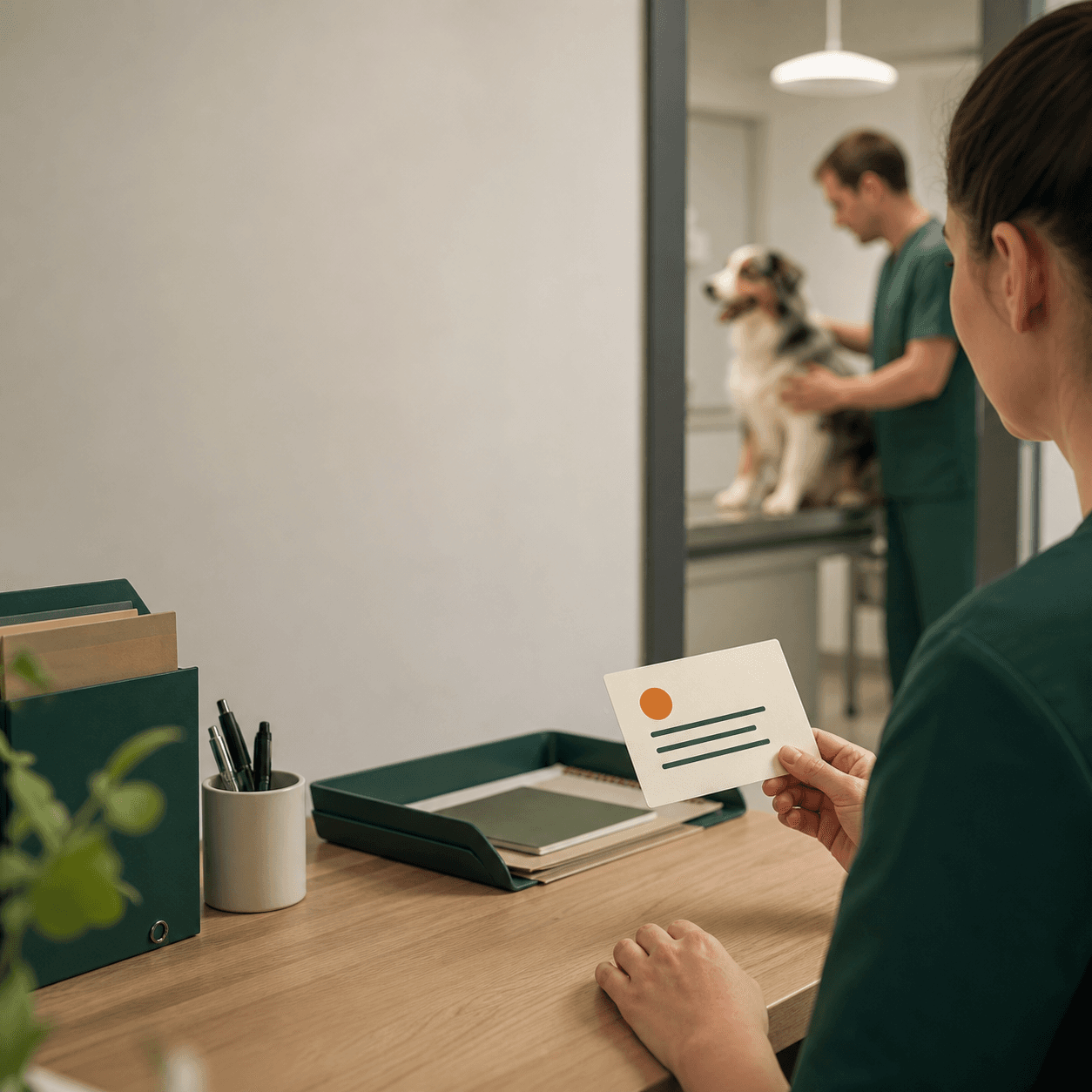 Praxis-Teammitglied prüft eine strukturierte Rückrufnotiz, während im Hintergrund ein Hund behandelt wird.